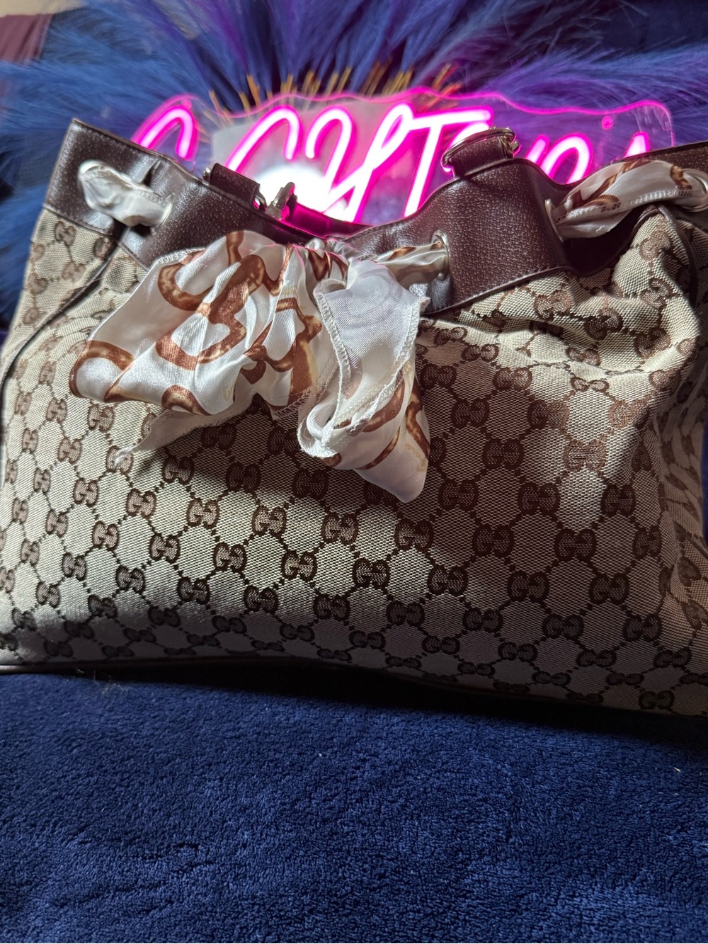 Gucci Beige Monogram Shoulder Bag with Dark Brown Trim